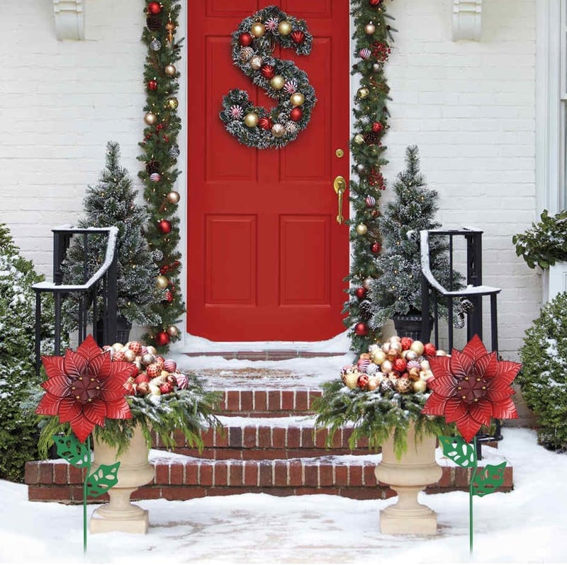 YEAHOME Outdoor Christmas Decorations, Set of 2 Poinsettia Flower Decorative Garden Stakes for Christmas Decor, Metal Red Flowers Xmas Decorations for Outside Garden Yard Lawn Porch - Image 4